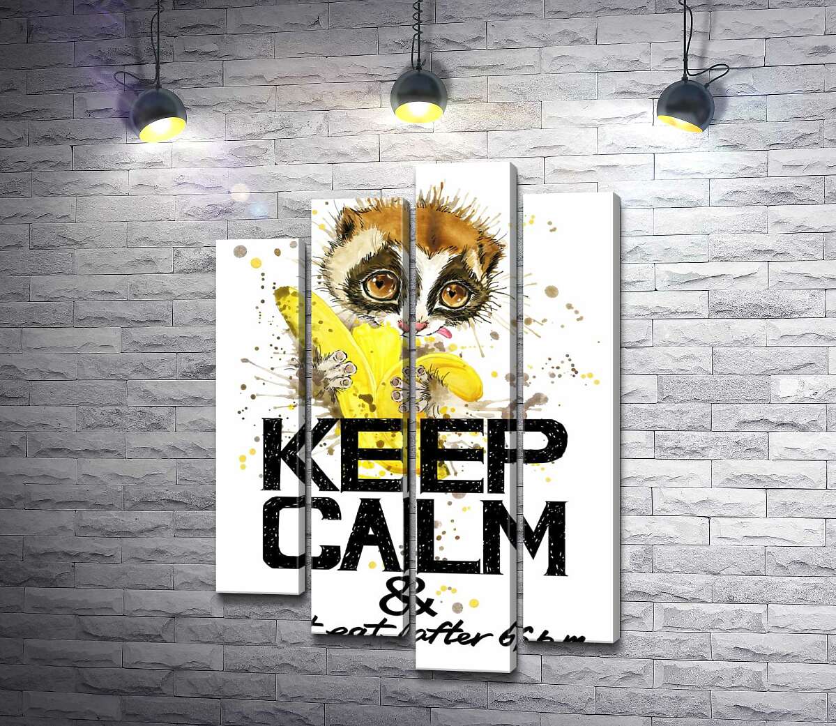 

Модульная картина ArtPoster Маленький лемур ест банан над надписью "keep calm and don't eat after 6 p.m." 132x192 см Модуль №21