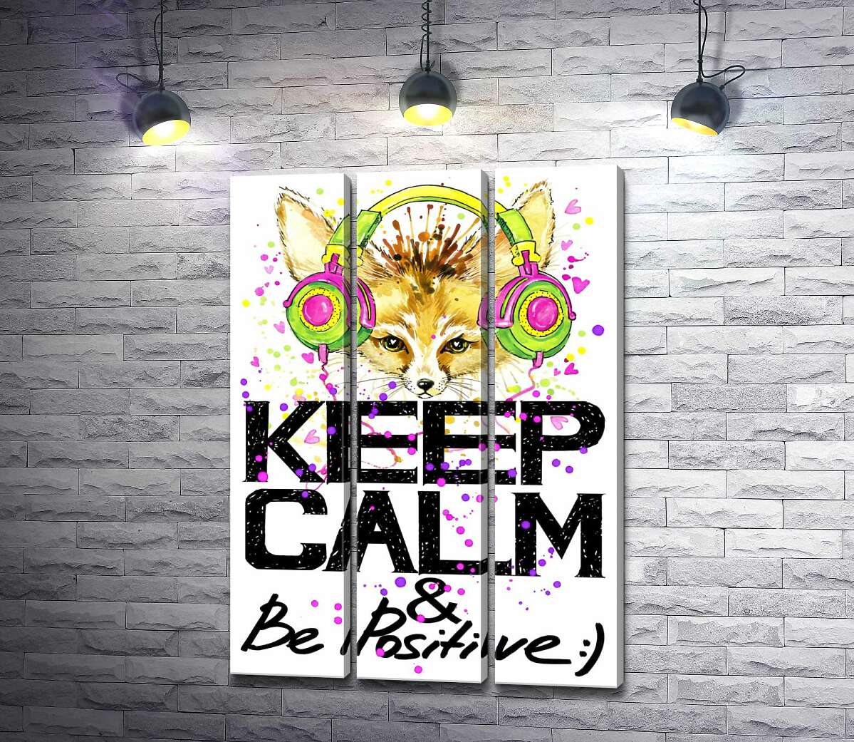 

Модульная картина ArtPoster Лиса фенек в ярких наушниках над надписью "keep calm and be positive" 132x190 см Модуль №11