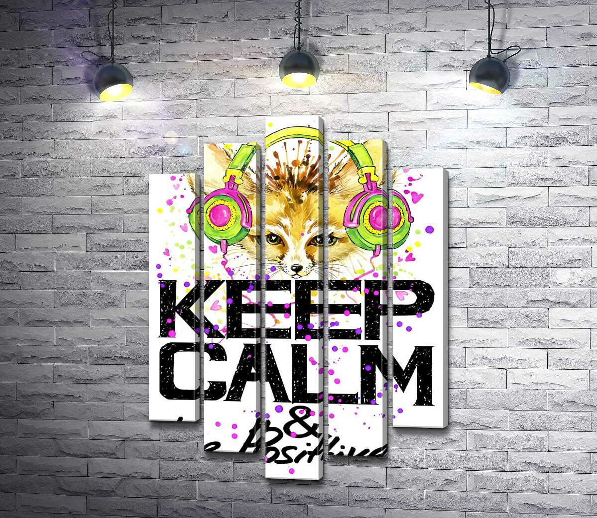 

Модульная картина ArtPoster Лиса фенек в ярких наушниках над надписью "keep calm and be positive" 130x192 см Модуль №26