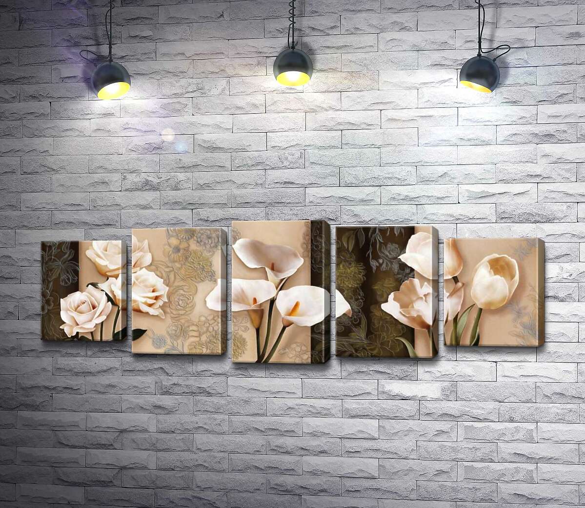 

Модульная картина ArtPoster Кремовые розы, каллы и тюльпаны на фоне пастельных орнаментов 130x47 см Модуль №26