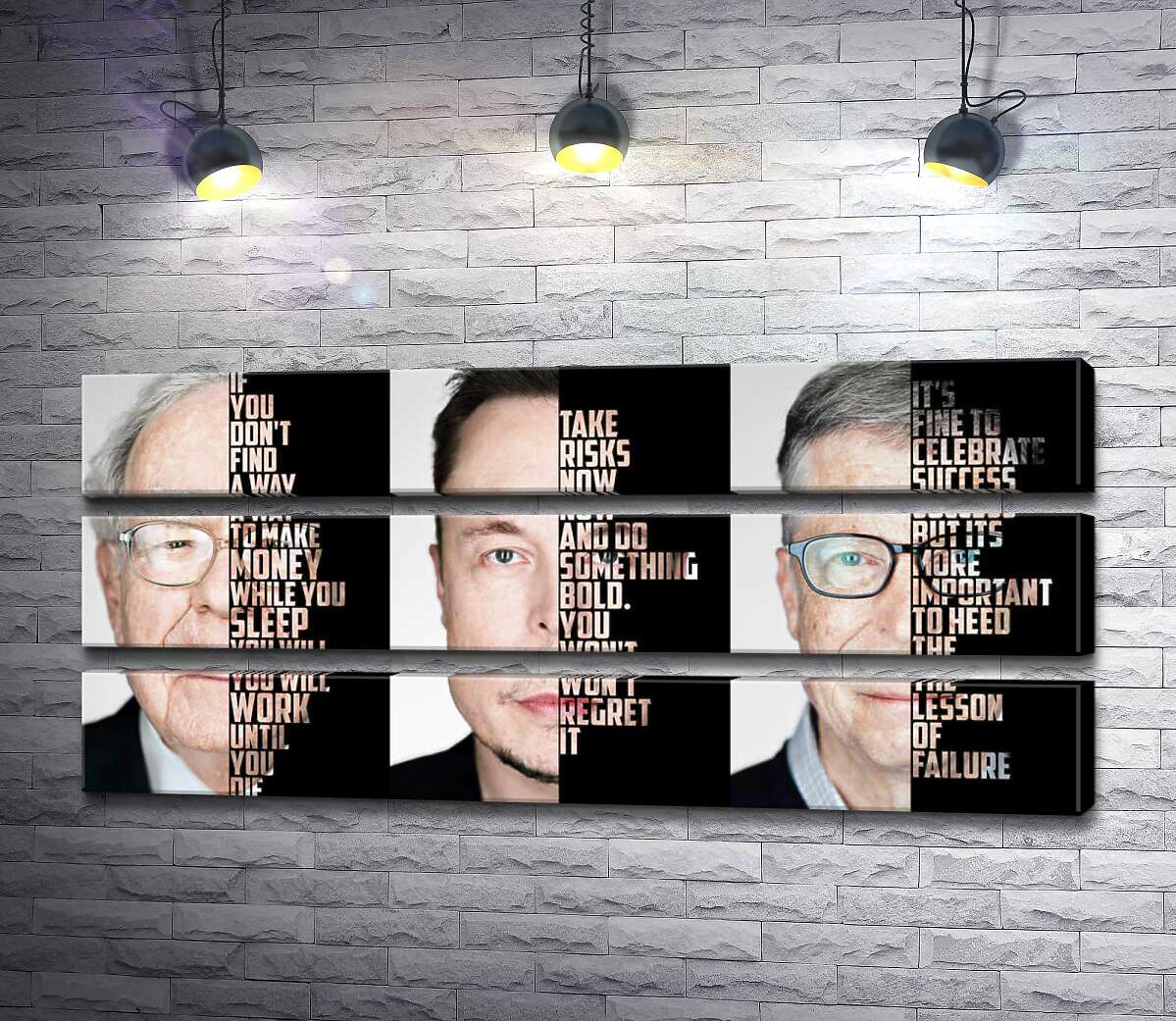 

Модульная картина ArtPoster Мотивирующие цитаты самых успешных инвесторов: Уоррена Баффета (Warren Buffett), Илона Маска (Elon Musk), Билла Гейтса (Bill Gates) 143x60 см Модуль №13