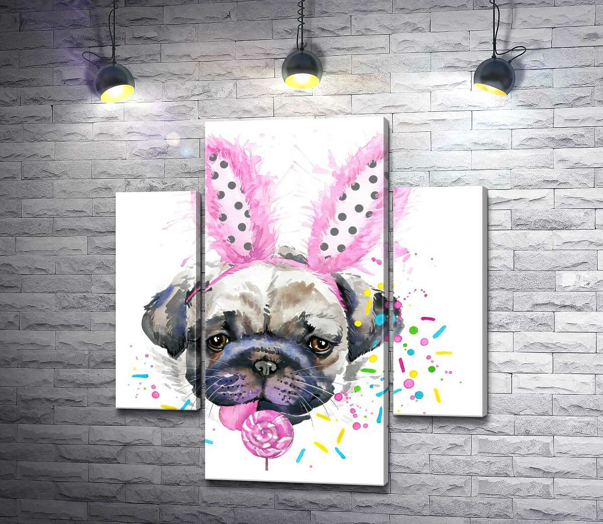 

Модульная картина ArtPoster Мопс с заячьими ушками лижет леденец 100x110 см Модуль №7