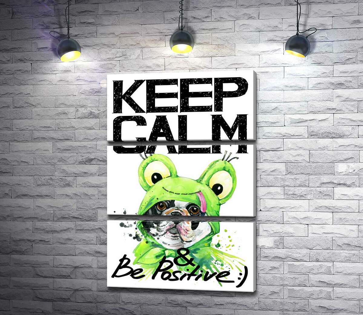 

Модульная картина ArtPoster Мопс в зеленом костюме лягушки под надписью "keep calm and be positive" 100x147 см Модуль №13