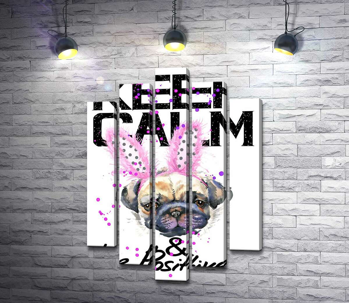 

Модульная картина ArtPoster Мопс с розовыми ушками зайца и надписью "keep calm and be positive" 130x192 см Модуль №26