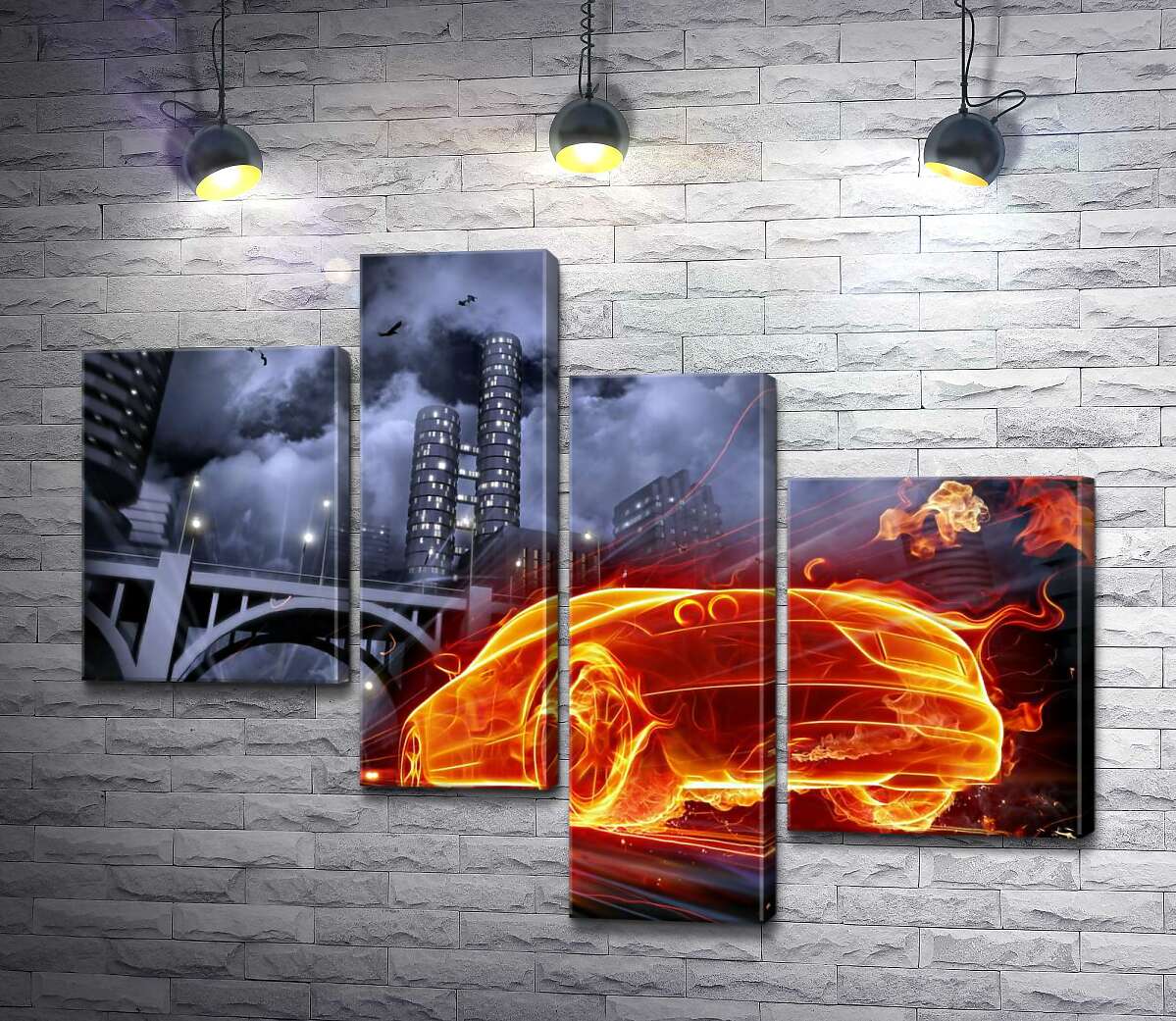 

Модульная картина ArtPoster Огненный призрак автомобиля несется под мост ночного города 100x77 см Модуль №20