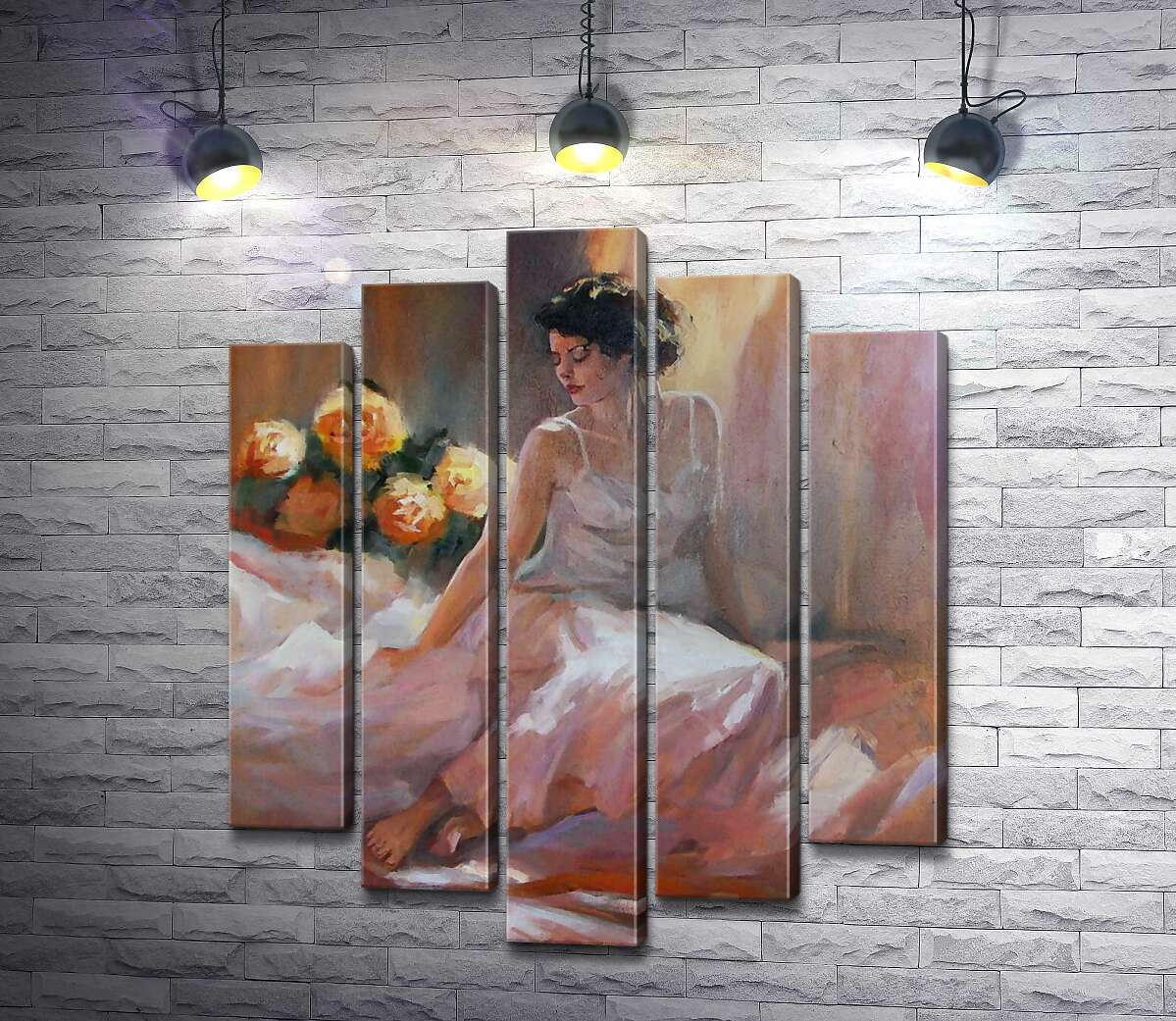 

Модульная картина ArtPoster Нежный силуэт девушки в белом шелковом платье рядом с букетом роз 130x155 см Модуль №26