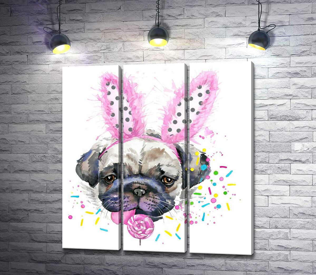 

Модульная картина ArtPoster Мопс с заячьими ушками лижет леденец 102x109 см Модуль №11