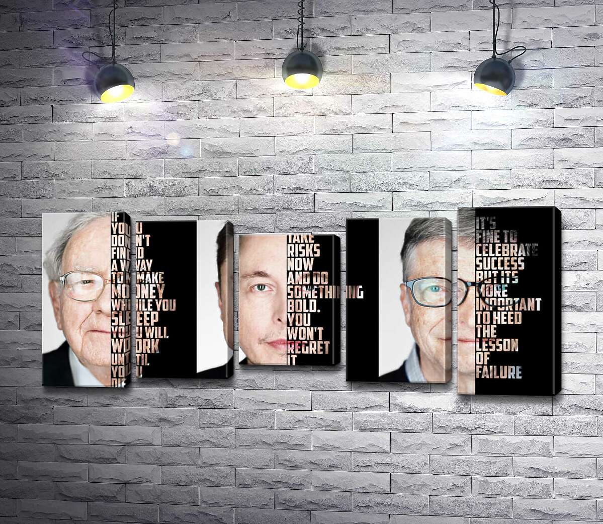 

Модульная картина ArtPoster Мотивирующие цитаты самых успешных инвесторов: Уоррена Баффета (Warren Buffett), Илона Маска (Elon Musk), Билла Гейтса (Bill Gates) 100x44 см Модуль №28