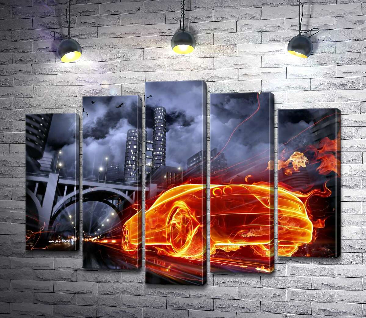 

Модульная картина ArtPoster Огненный призрак автомобиля несется под мост ночного города 130x100 см Модуль №26