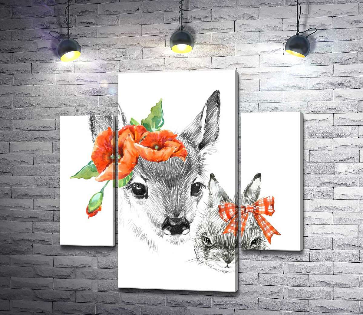 

Модульная картина ArtPoster Олененок с маками возле уха и зайчик с бантиком 80x80 см Модуль №7