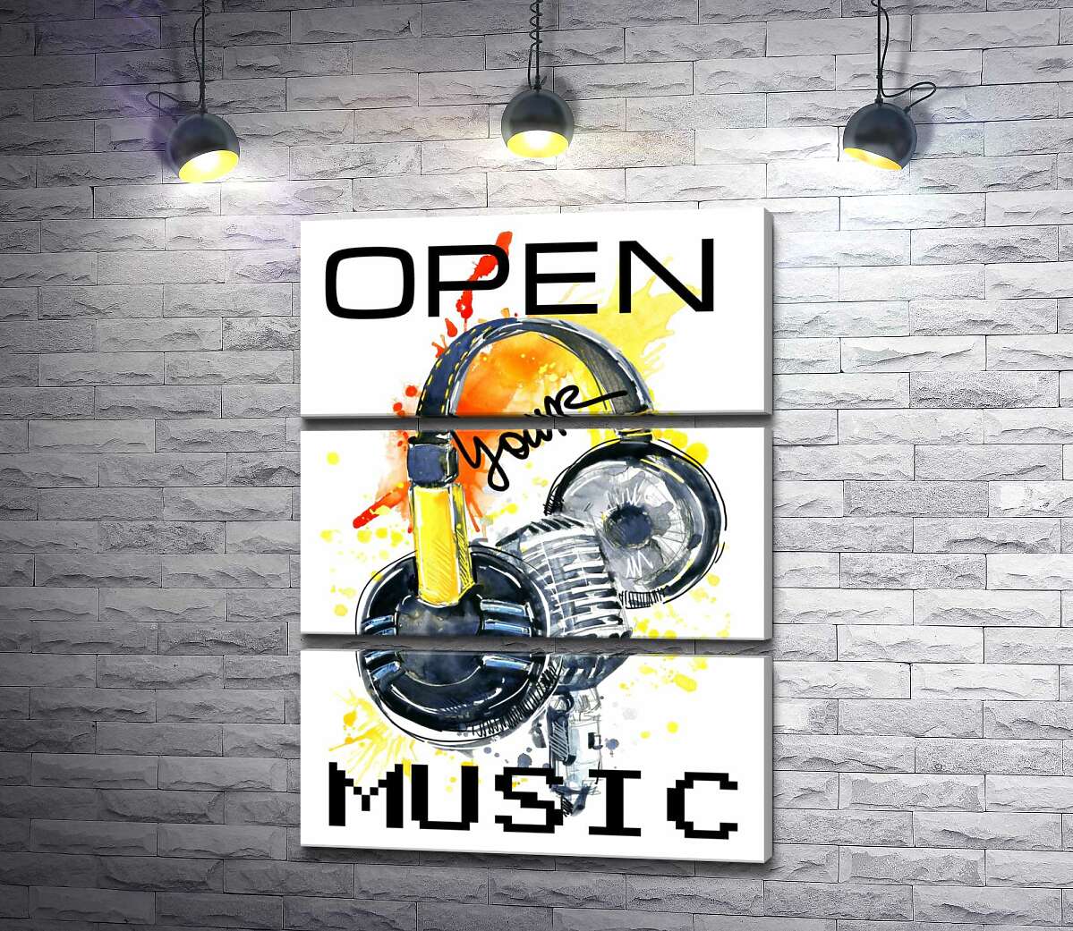 

Модульная картина ArtPoster Наушники и микрофон на оранжевом фоне с надписью "open your music" 130x177 см Модуль №13