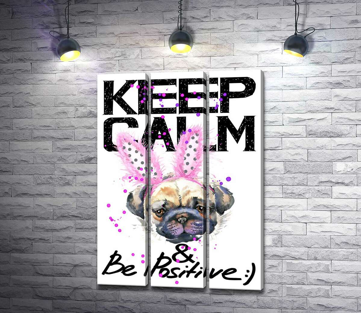 

Модульная картина ArtPoster Мопс с розовыми ушками зайца и надписью "keep calm and be positive" 132x190 см Модуль №11