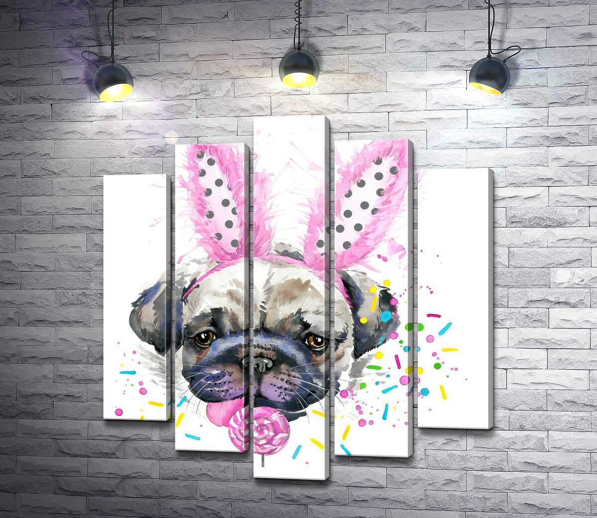 

Модульная картина ArtPoster Мопс с заячьими ушками лижет леденец 130x144 см Модуль №26