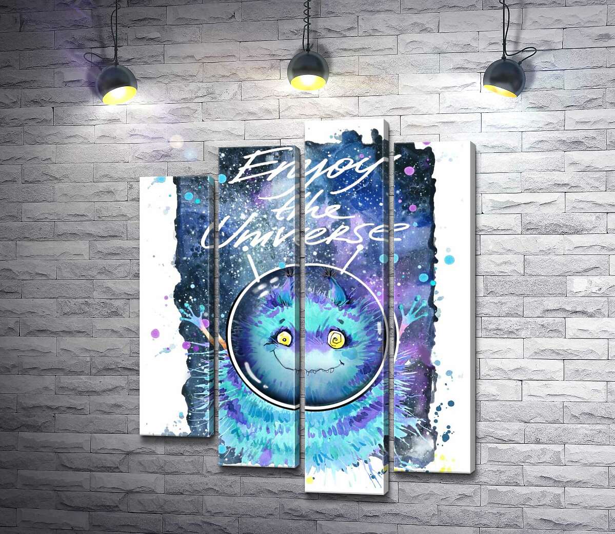 

Модульная картина ArtPoster Монстр с голубой шерстью летает в космосе с надписью "Enjoy the Universe" 132x168 см Модуль №21