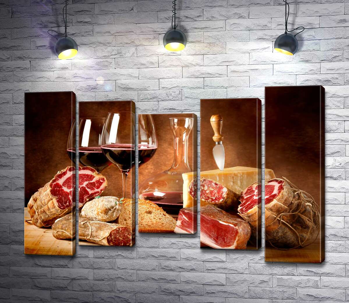 

Модульная картина ArtPoster Насыщенное красное вино в окружении вяленого мяса с сыром и ломтиком хлеба 130x88 см Модуль №28