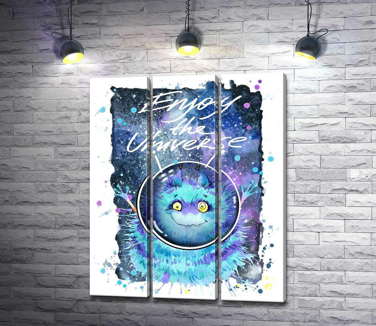 

Модульная картина ArtPoster Монстр с голубой шерстью летает в космосе с надписью "Enjoy the Universe" 102x128 см Модуль №11