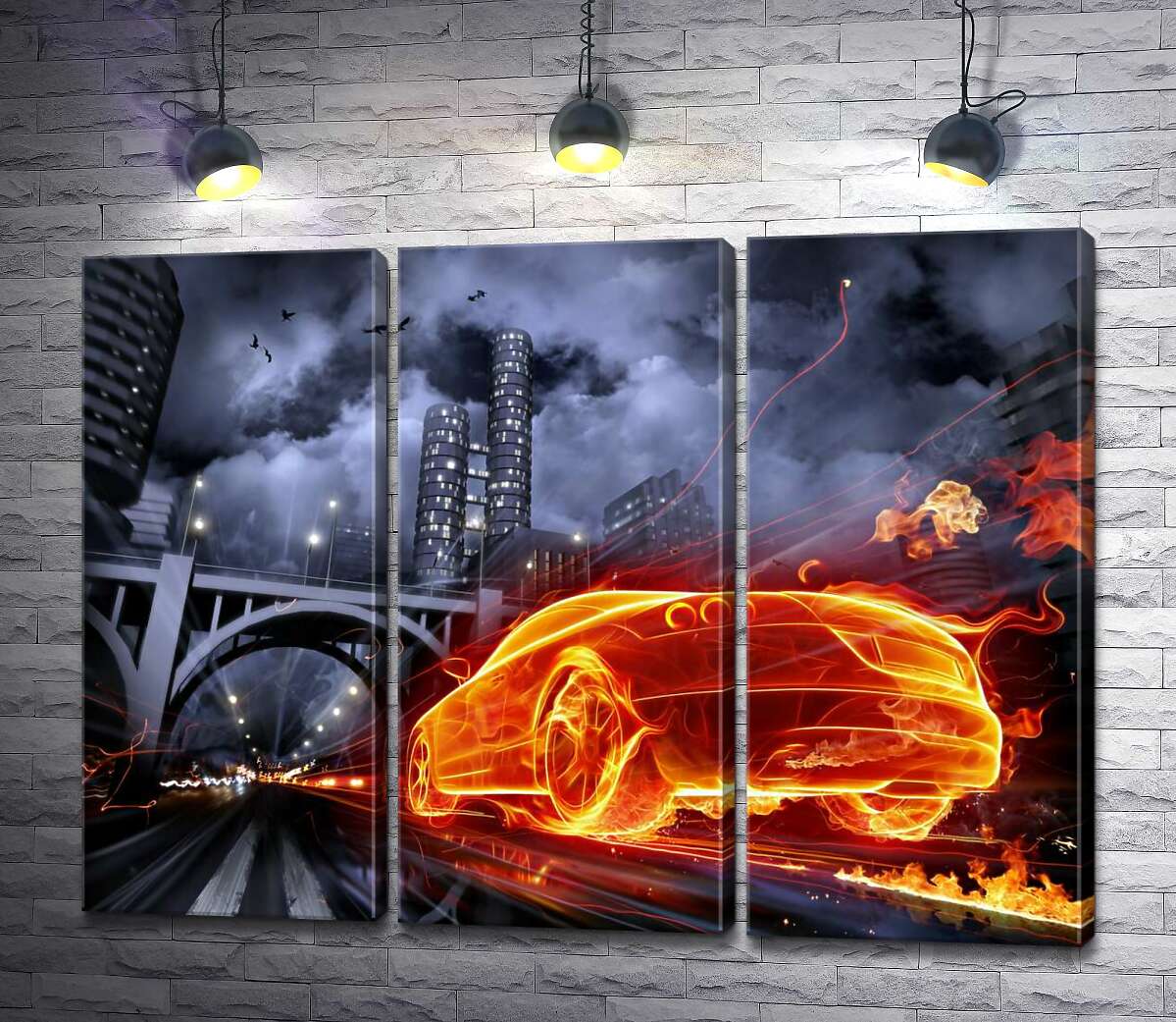 

Модульная картина ArtPoster Огненный призрак автомобиля несется под мост ночного города 132x99 см Модуль №11