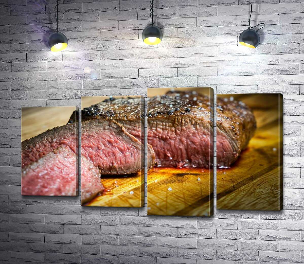 

Модульная картина ArtPoster Нежные кусочки стейка, нарезанные на досточке 132x75 см Модуль №21