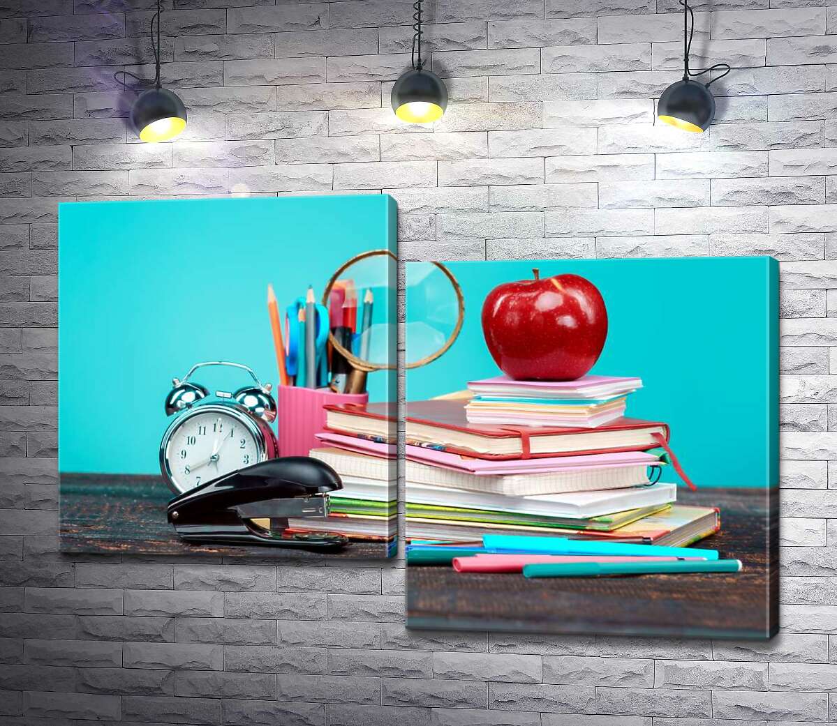 

Модульная картина ArtPoster Натюрморт школьника: тетради, фломастеры, часы, степлер и яблоко 100x68 см Модуль №5