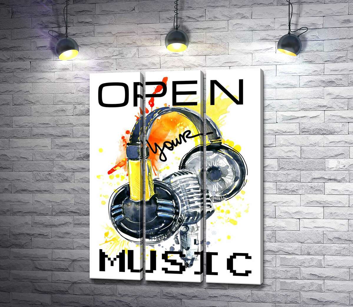 

Модульная картина ArtPoster Наушники и микрофон на оранжевом фоне с надписью "open your music" 60x82 см Модуль №11