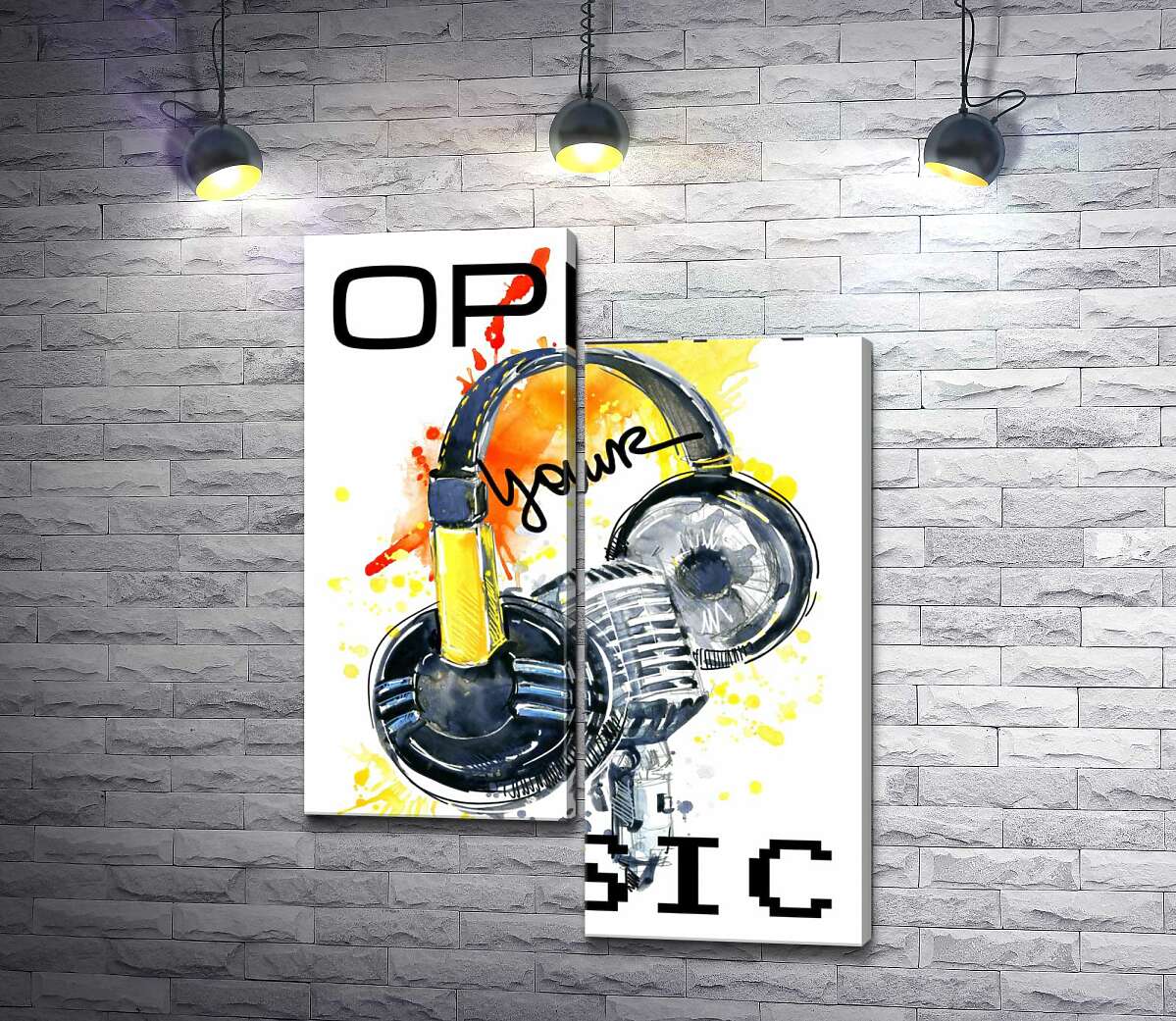 

Модульная картина ArtPoster Наушники и микрофон на оранжевом фоне с надписью "open your music" 130x178 см Модуль №5