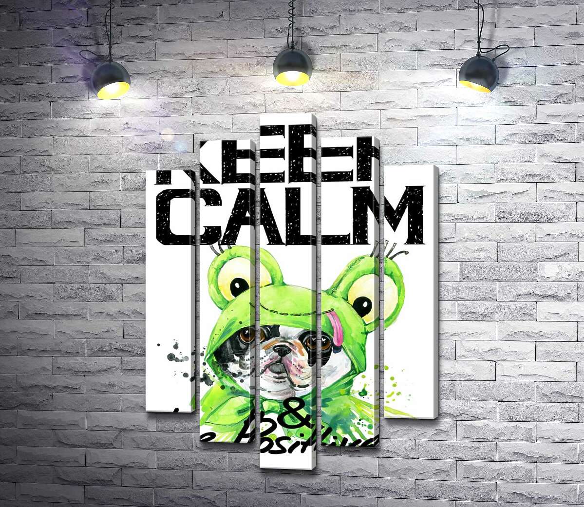 

Модульная картина ArtPoster Мопс в зеленом костюме лягушки под надписью "keep calm and be positive" 100x148 см Модуль №26