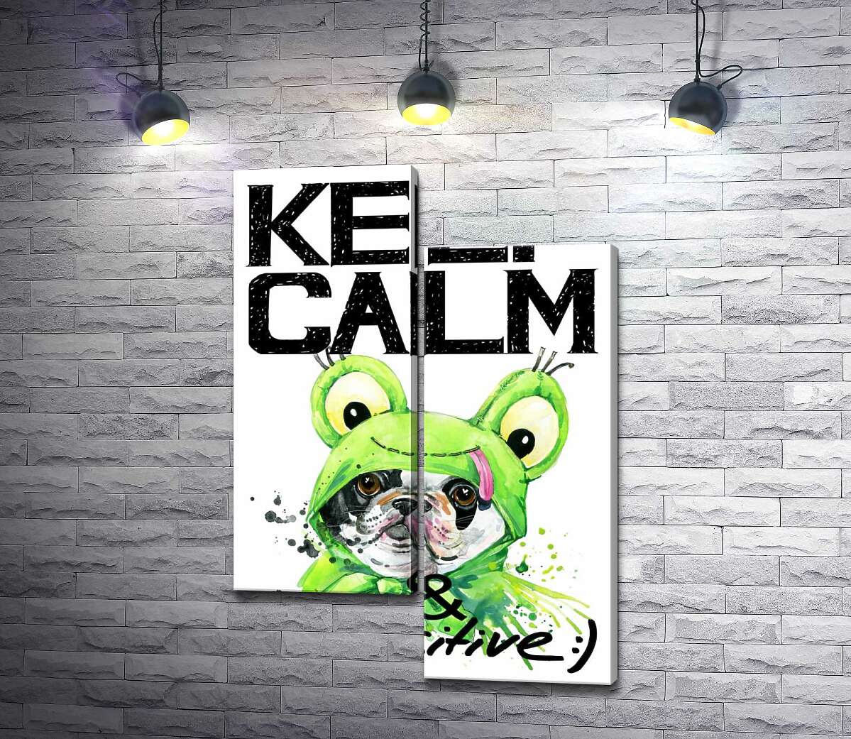 

Модульная картина ArtPoster Мопс в зеленом костюме лягушки под надписью "keep calm and be positive" 100x147 см Модуль №5