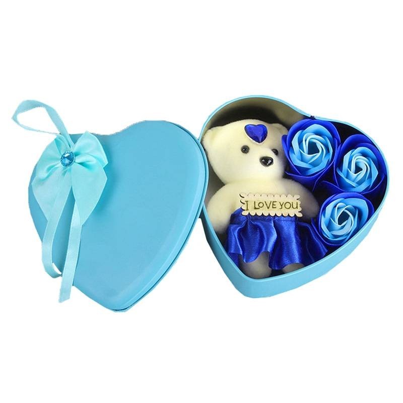 

Подарочный набор мыло из роз Love you 3 розы с мыльными лепестками и Мишка в красивой подарочной упаковке в виде сердца для девушки Синий AVEOBOXBLUE37