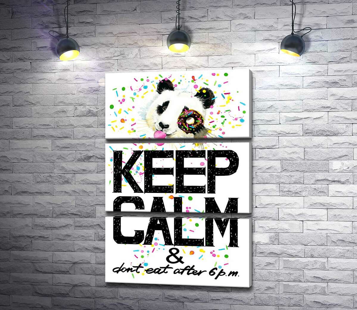 

Модульная картина ArtPoster Панда с мягким донатсом над надписью "keep calm and don't eat after 6 p.m." 50x75 см Модуль №13