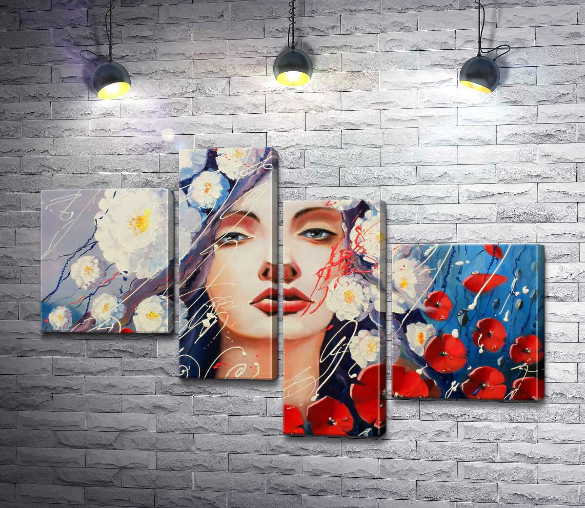 

Модульная картина ArtPoster Портрет девушки, украшенной белыми георгинами и красными маками 100x67 см Модуль №20