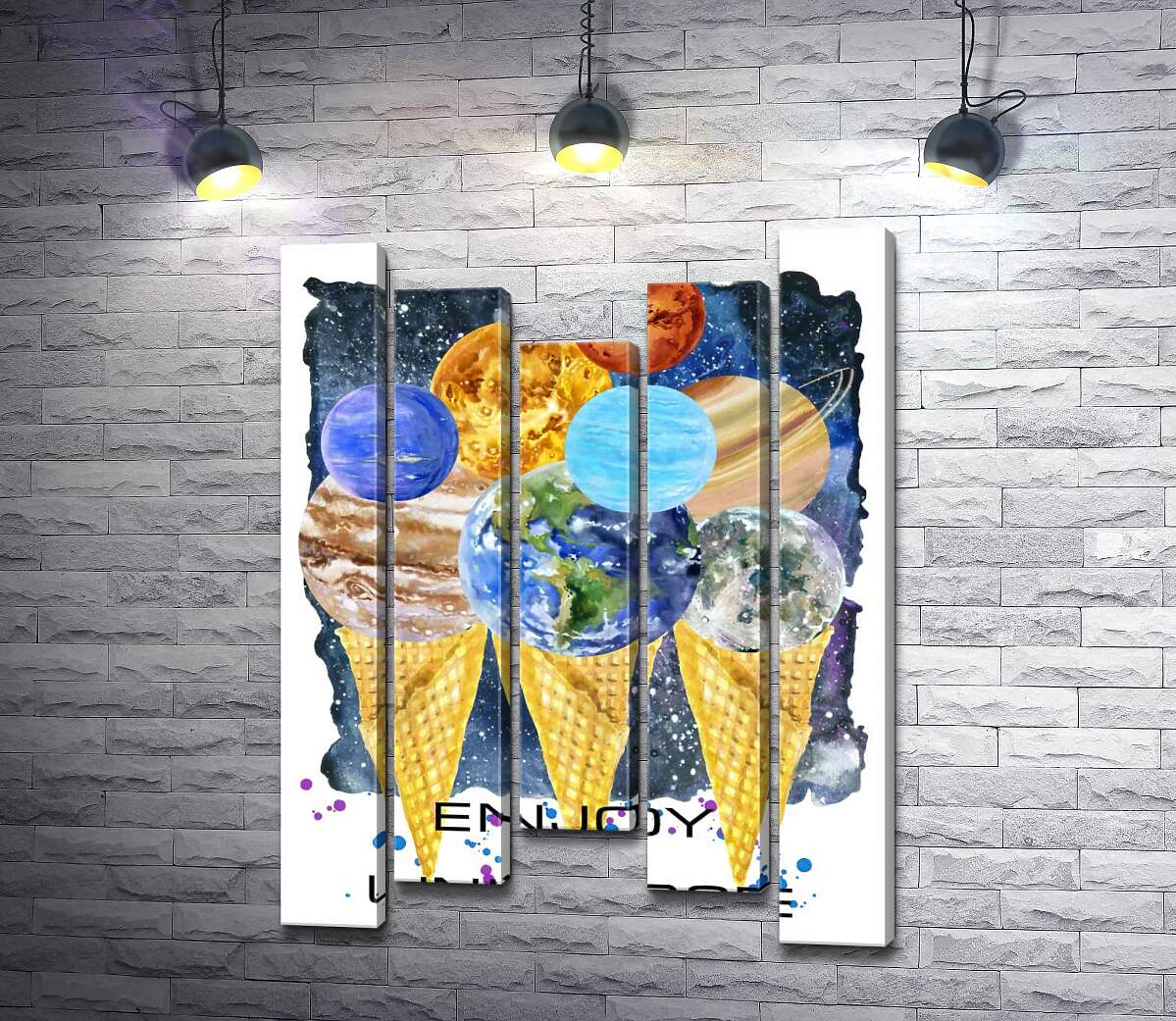 

Модульная картина ArtPoster Планеты Солнечной системы собрались на рожках мороженого с надписью "enjoy the universe" 130x179 см Модуль №28