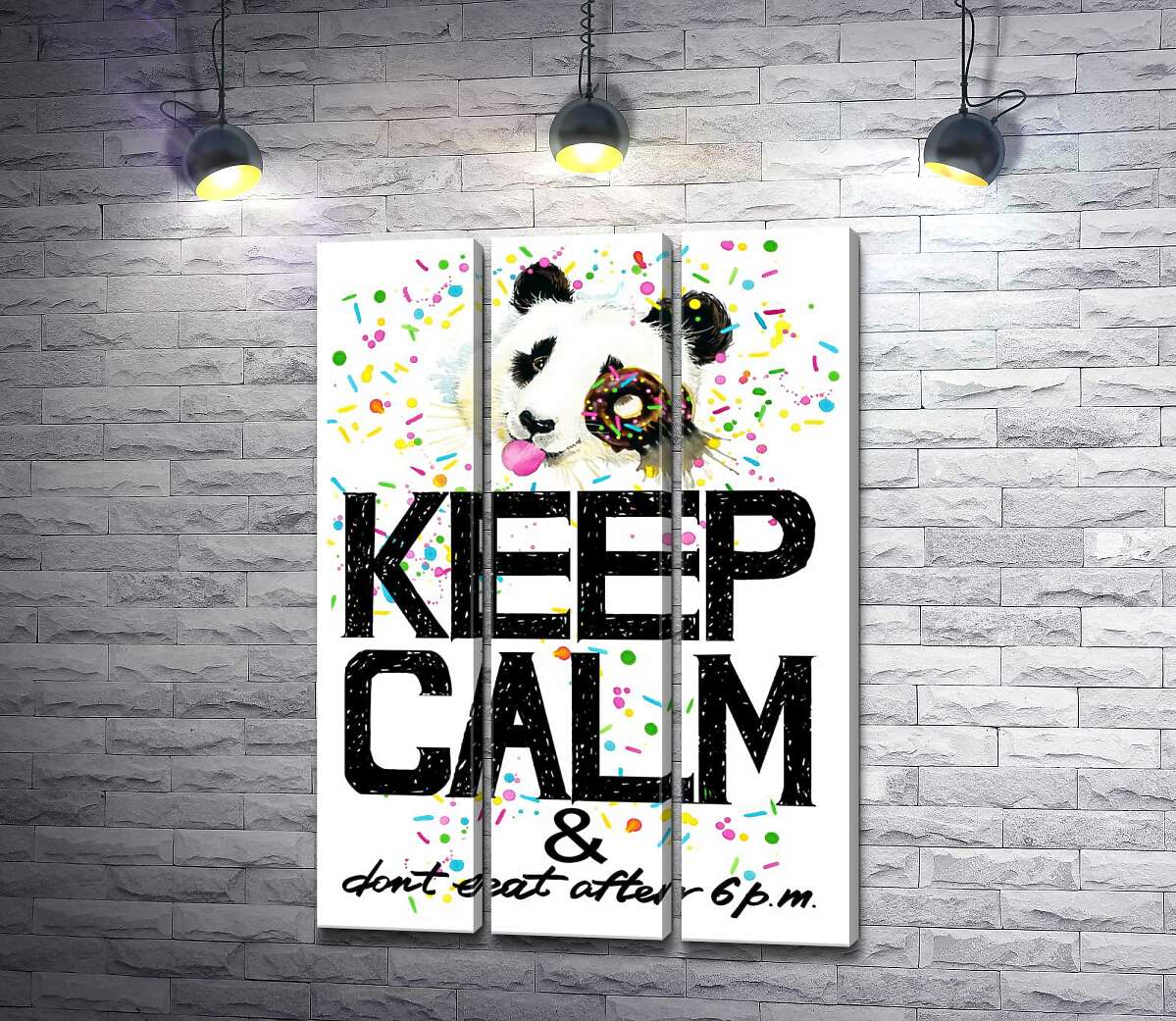 

Модульная картина ArtPoster Панда с мягким донатсом над надписью "keep calm and don't eat after 6 p.m." 60x88 см Модуль №11