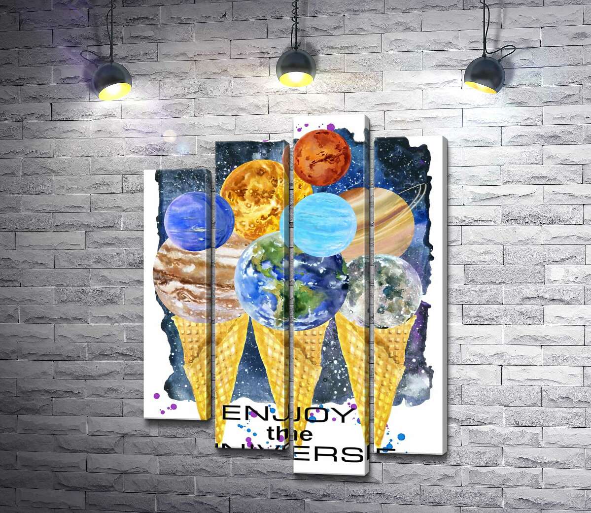 

Модульная картина ArtPoster Планеты Солнечной системы собрались на рожках мороженого с надписью "enjoy the universe" 132x179 см Модуль №21