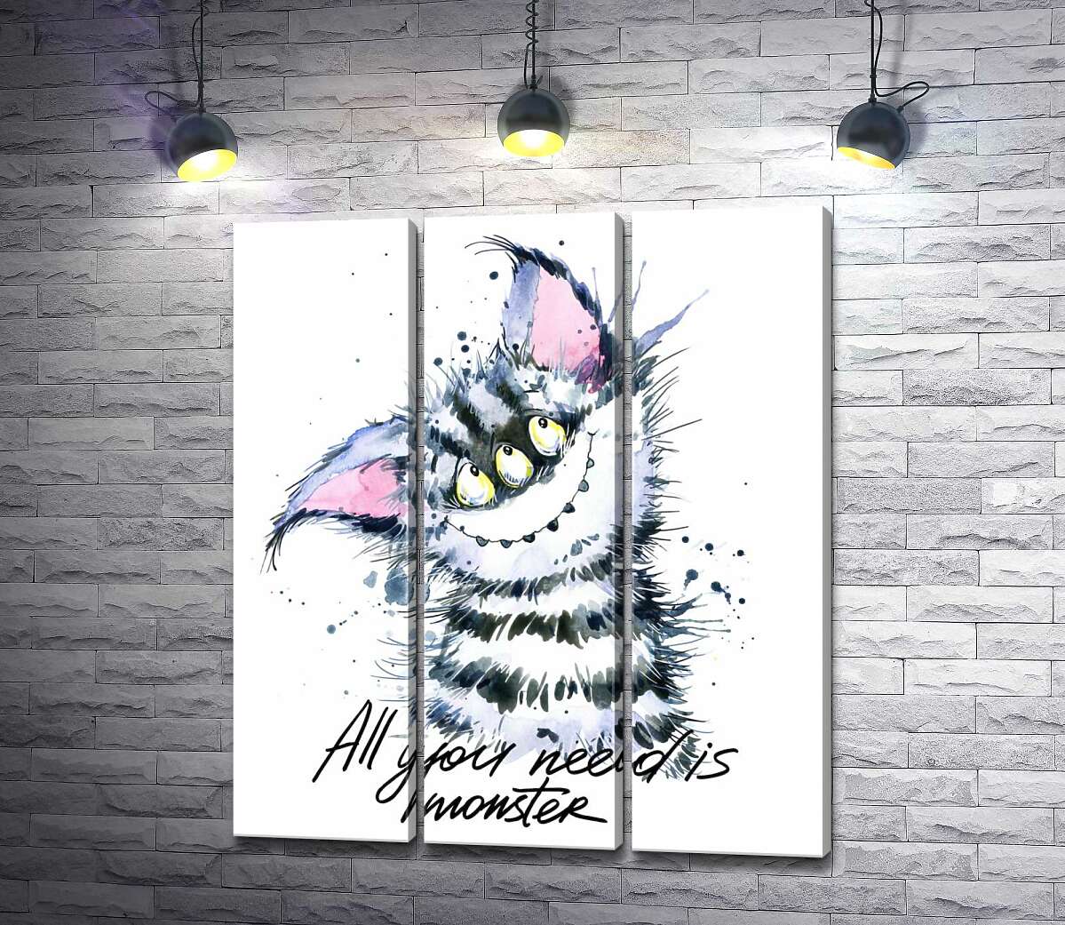 

Модульная картина ArtPoster Полосатый монстр с кошачьей мордашкой и надписью "all you need is monster" 132x154 см Модуль №11