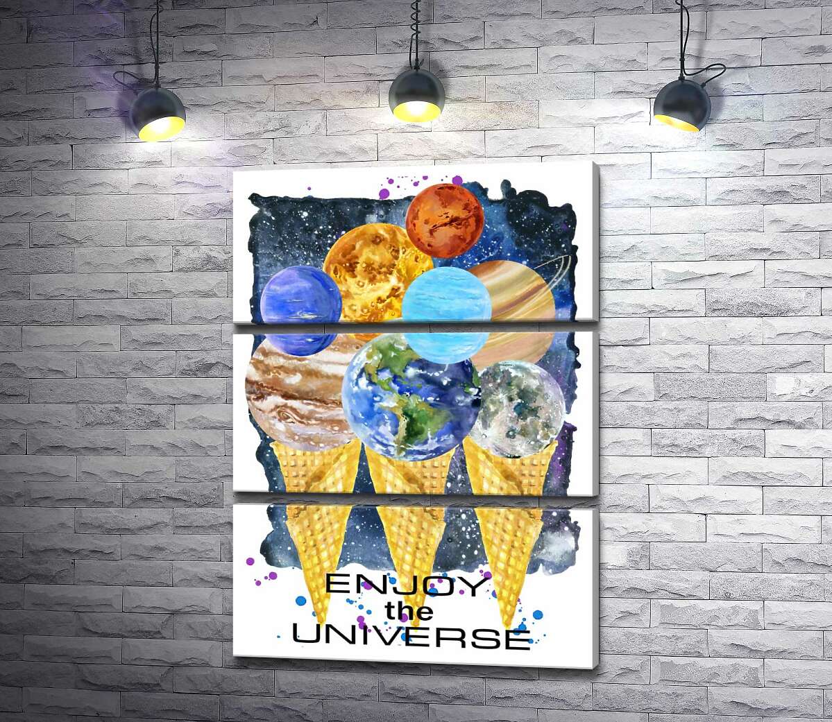 

Модульная картина ArtPoster Планеты Солнечной системы собрались на рожках мороженого с надписью "enjoy the universe" 130x177 см Модуль №13
