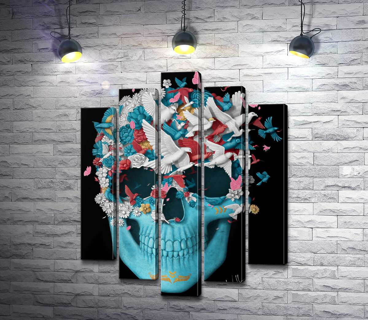 

Модульная картина ArtPoster Полет птиц сквозь цветочное поле на голубом черепе 130x170 см Модуль №26