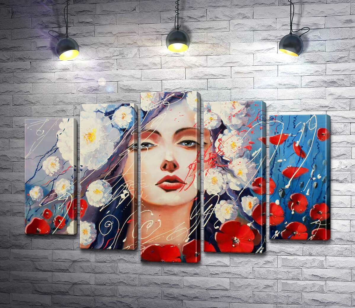 

Модульная картина ArtPoster Портрет девушки, украшенной белыми георгинами и красными маками 100x68 см Модуль №26