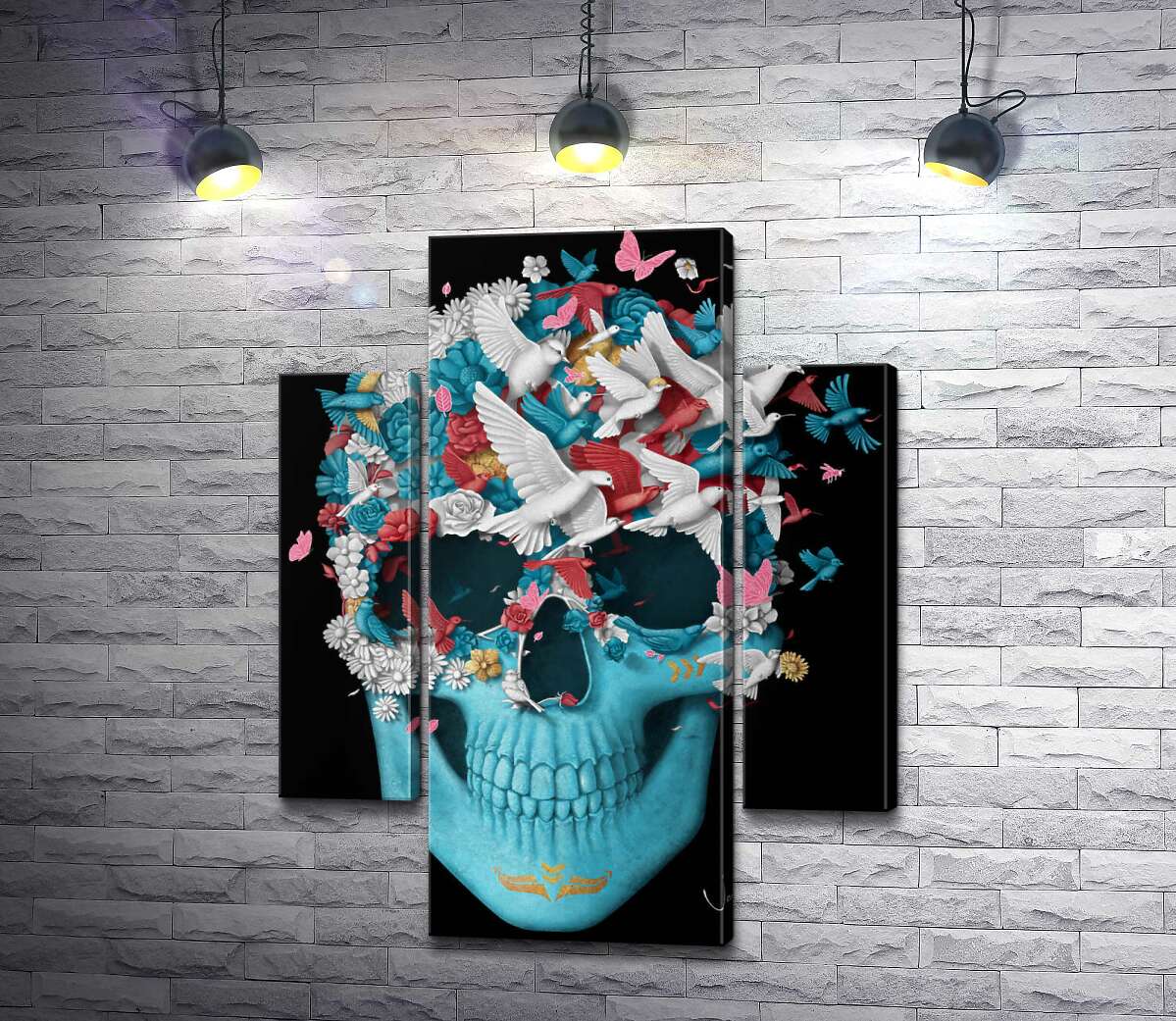 

Модульная картина ArtPoster Полет птиц сквозь цветочное поле на голубом черепе 131x169 см Модуль №7