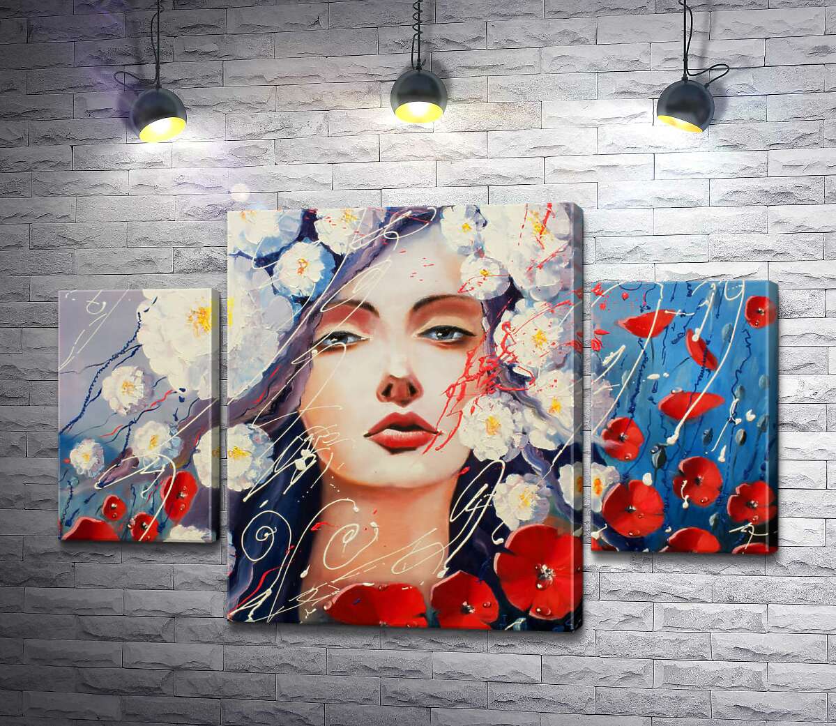

Модульная картина ArtPoster Портрет девушки, украшенной белыми георгинами и красными маками 80x54 см Модуль №7