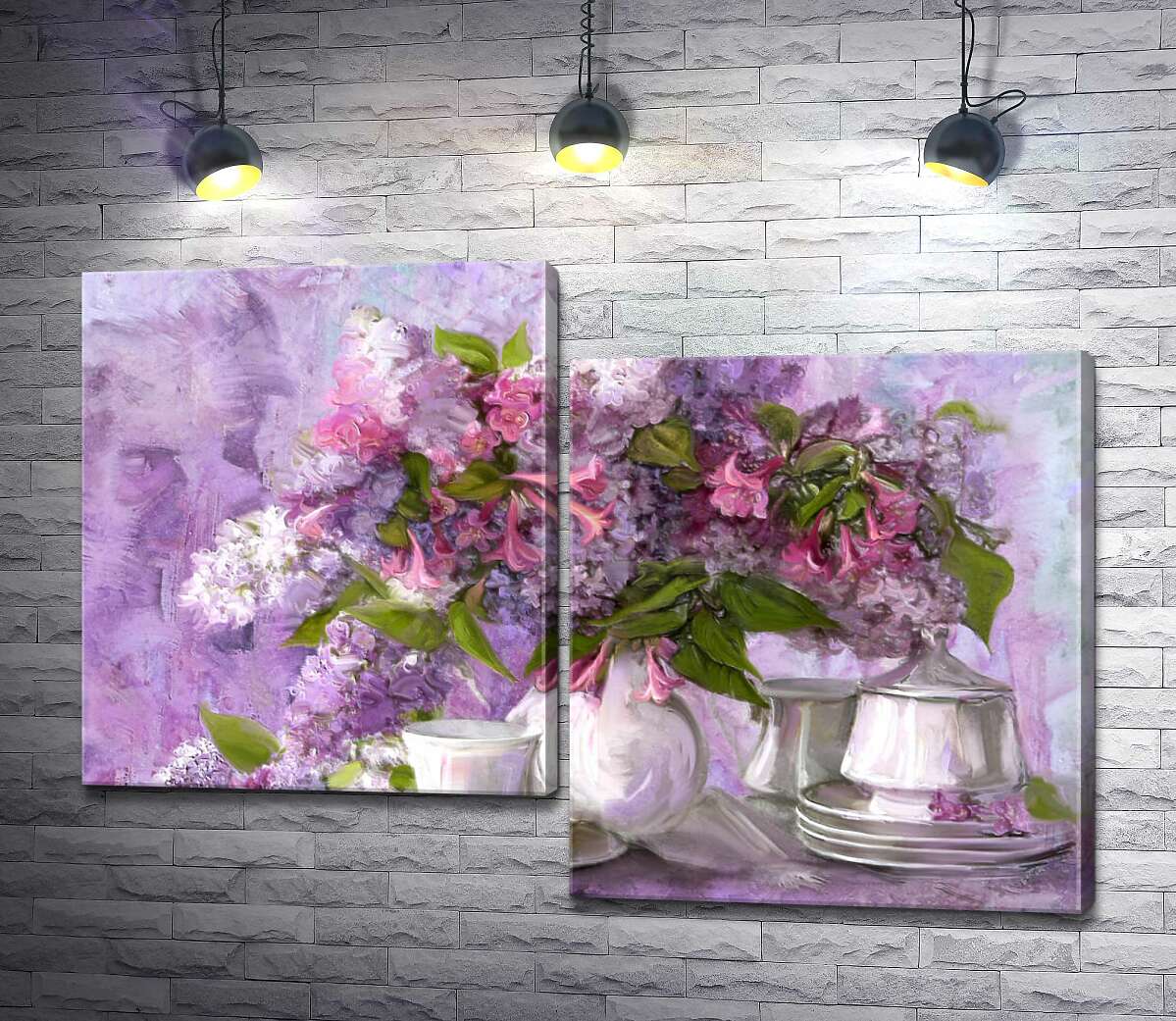 

Модульная картина ArtPoster Пурпурная сирень и розовые колокольчики склонились над белоснежным сервизом 100x70 см Модуль №5