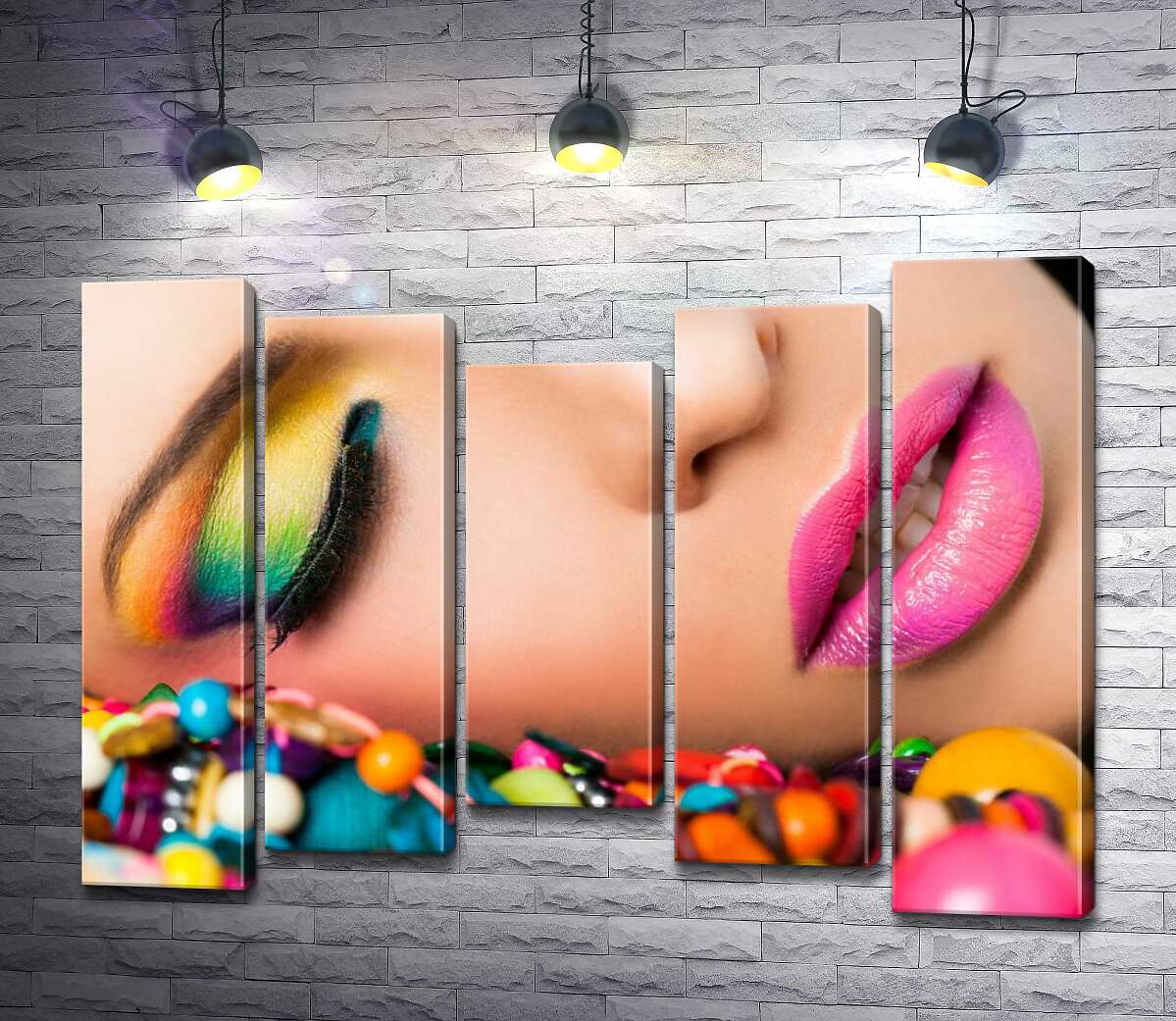 

Модульная картина ArtPoster Радужные оттенки теней на веках девушки в сочетании с яркими бусинами 100x74 см Модуль №28