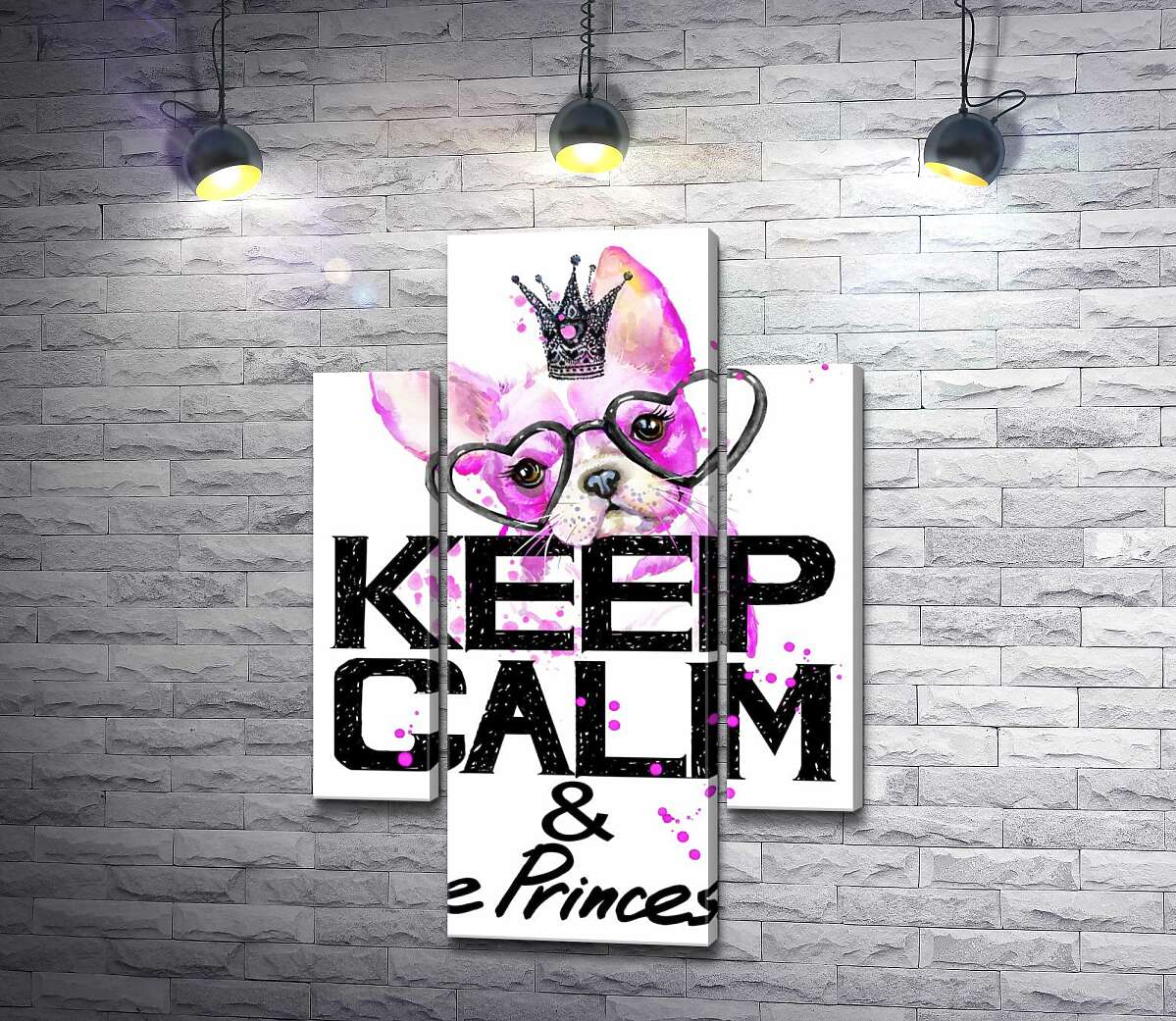 

Модульная картина ArtPoster Розовый бульдог в очках и короне над надписью "keep calm and be princess" 80x119 см Модуль №7