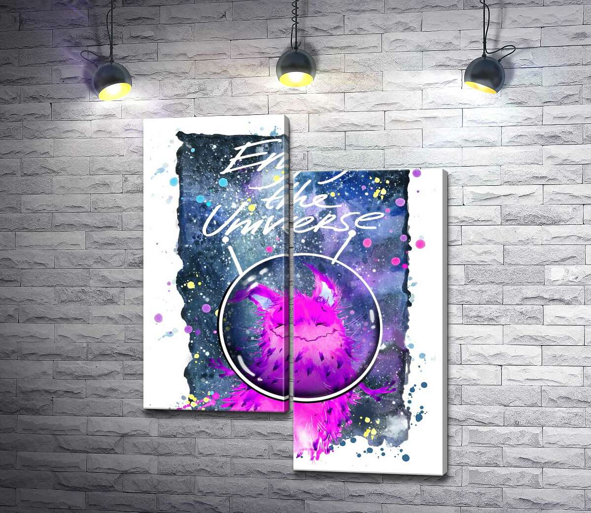 

Модульная картина ArtPoster Розовый монстр в шлеме возле надписи "Enjoy the Universe" 130x167 см Модуль №5