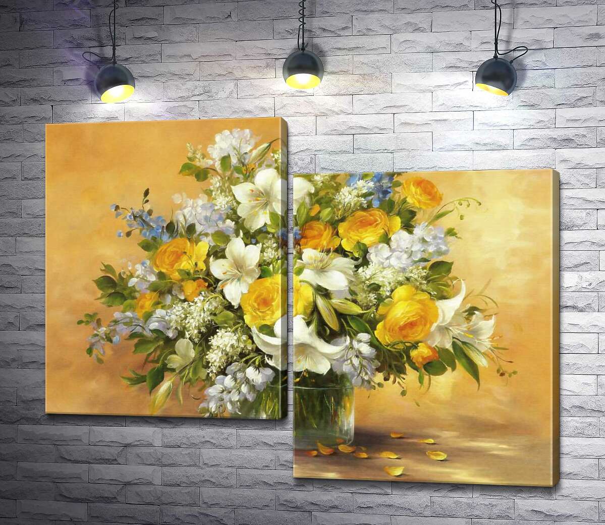

Модульная картина ArtPoster Пышный букет из солнечно-желтых роз, изящных лилий и небесно-голубых колокольчиков 130x100 см Модуль №5
