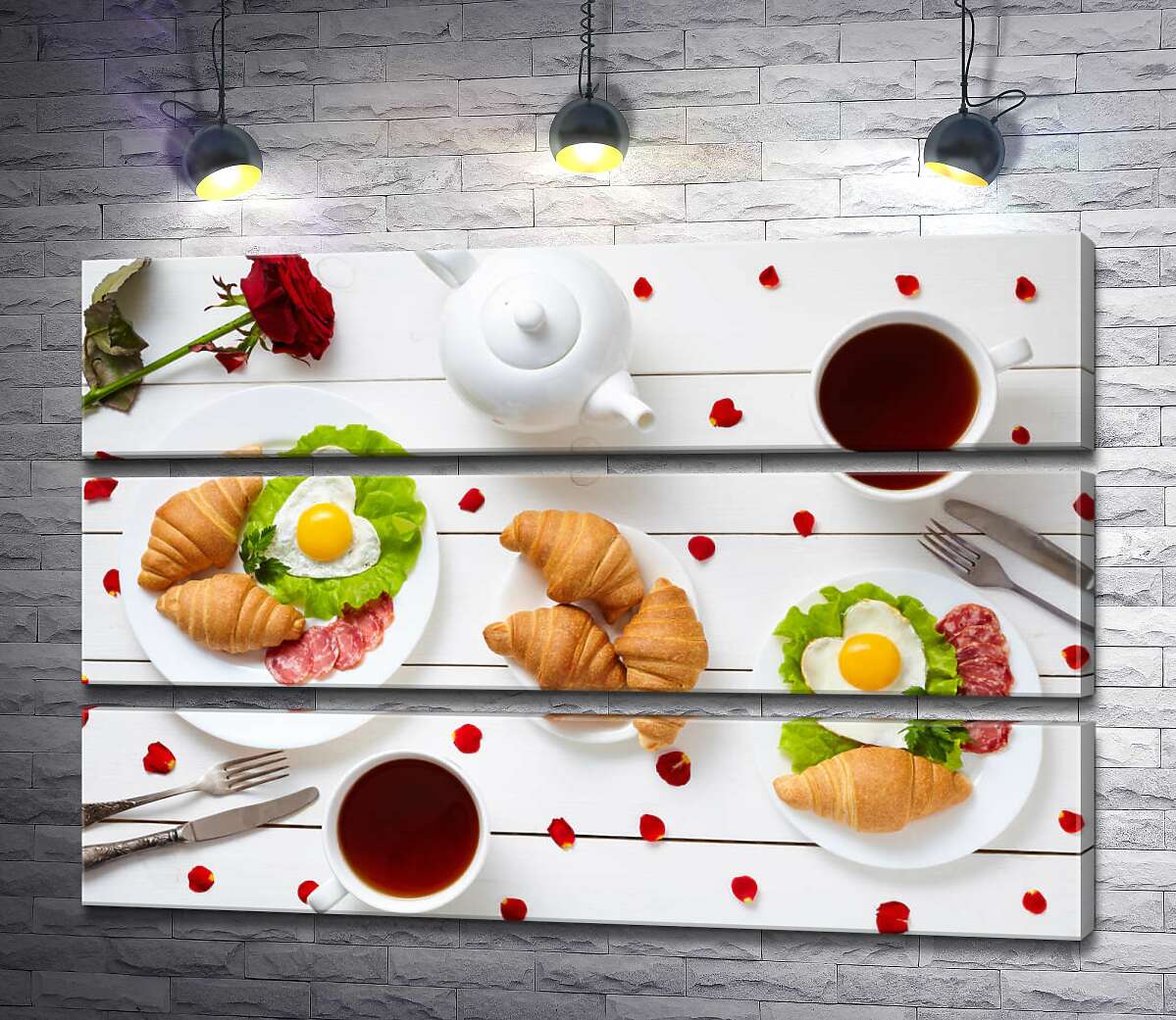 

Модульная картина ArtPoster Романтика завтрака: пышные круассаны, сердечко-яичница и чай 100x69 см Модуль №13