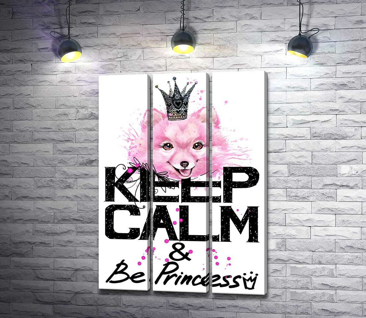 

Модульная картина ArtPoster Розовый померанский шпиц с ажурной короной над надписью "keep calm and be princess" 132x190 см Модуль №11