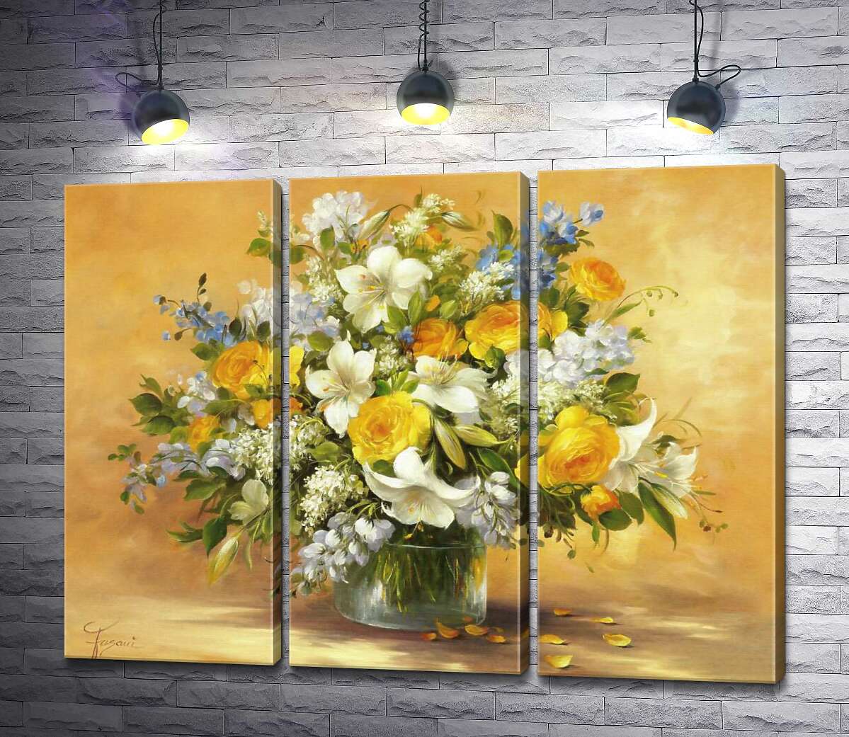 

Модульная картина ArtPoster Пышный букет из солнечно-желтых роз, изящных лилий и небесно-голубых колокольчиков 102x77 см Модуль №11