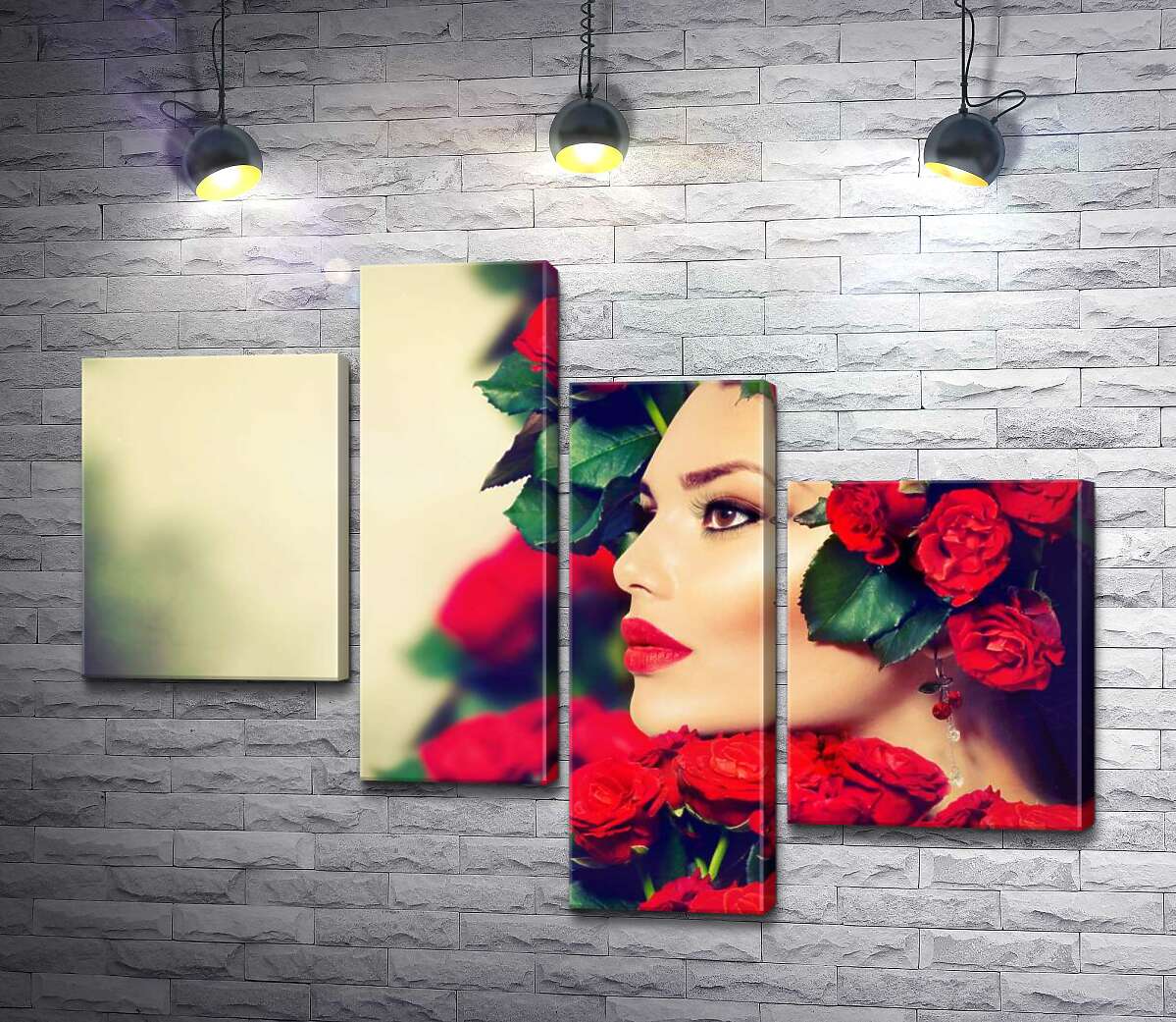 

Модульная картина ArtPoster Профиль девушки в украшении горяще-красных роз 100x75 см Модуль №20