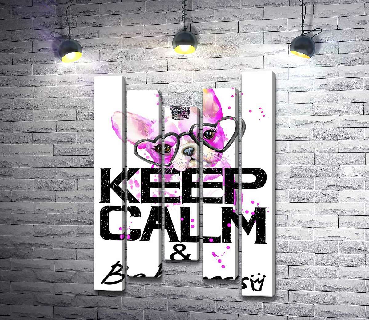 

Модульная картина ArtPoster Розовый бульдог в очках и короне над надписью "keep calm and be princess" 100x148 см Модуль №28