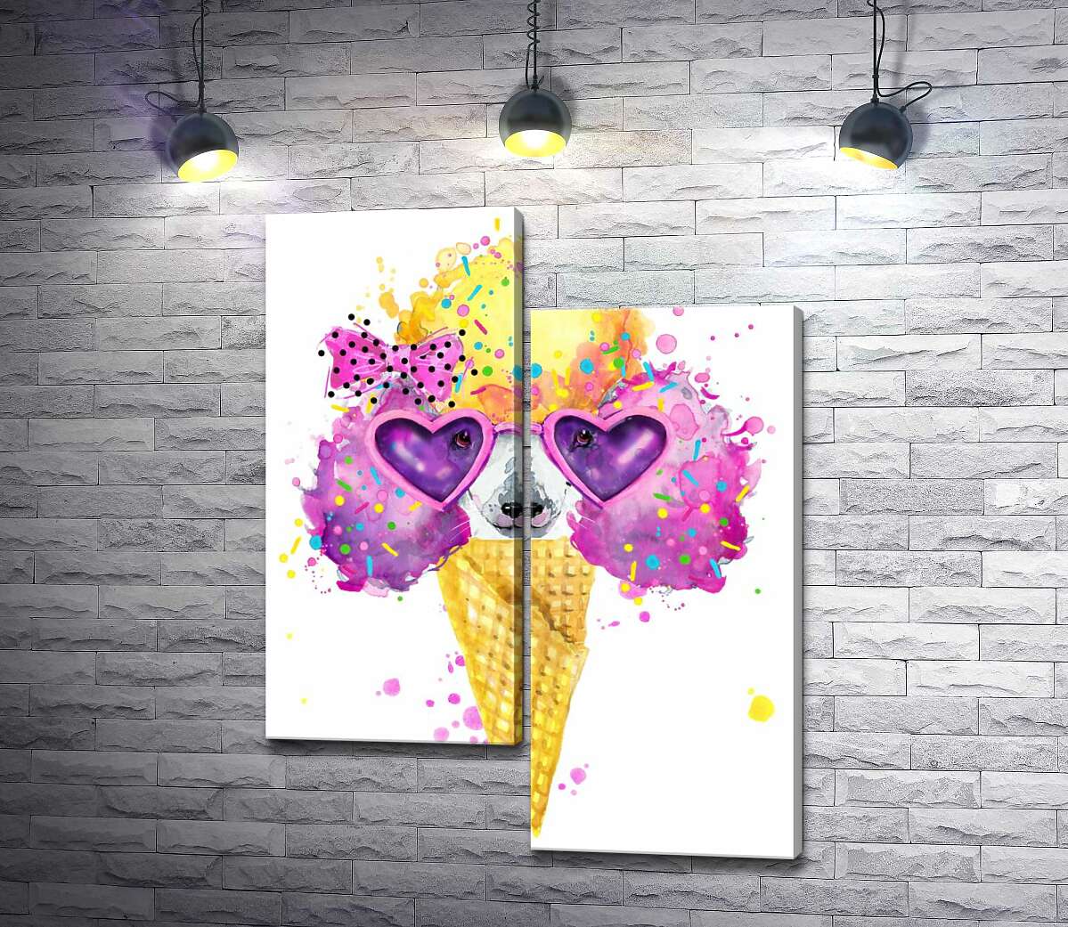 

Модульная картина ArtPoster Розовый пудель с желтой челкой выглядывает из рожка мороженого 130x171 см Модуль №5